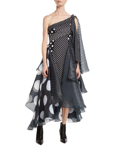 Richard Quinn One-shoulder Paneled Polka-dot Multi-fabric Cocktail Dress In Black