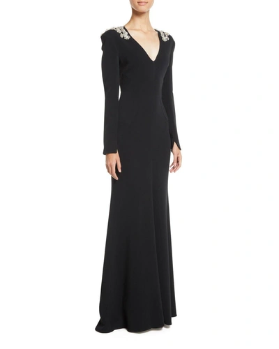 Jenny Packham V-neck Long-sleeve Trumpet Evening Gown W/ Crystalized-beaded Trim In Black