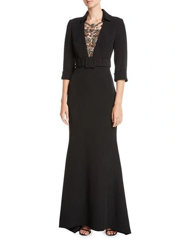 Badgley Mischka Jeweled-front 3/4-sleeve Belted Trumpet Tuxedo Evening Gown In Black