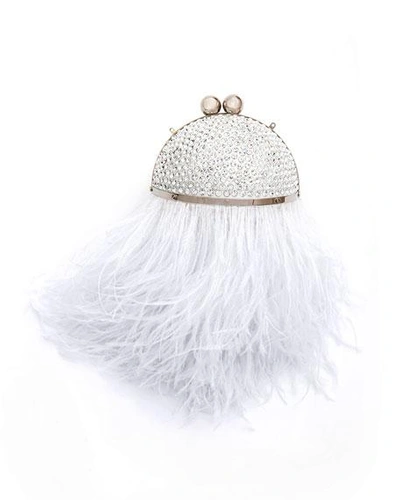 Marzook Mini Crystal Orb Minaudiere W/ Feathers, White