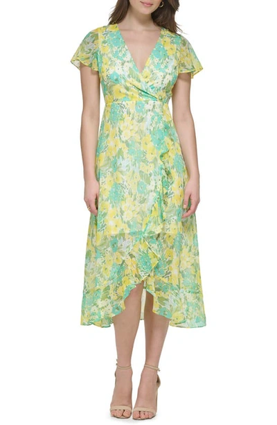 Kensie Floral Chiffon Faux Wrap Midi Dress In Citron Multi