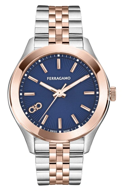 Ferragamo Classic Two-tone Guilloche Dial Bracelet Watch, 38mm In Two Tone Blue