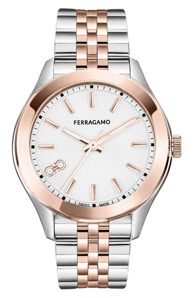 Ferragamo Classic Two-tone Guilloche Dial Bracelet Watch, 38mm In Two Tone Silver