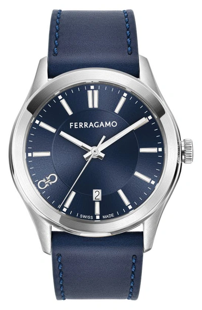 Ferragamo Classic Sunray Dial Leather Strap Watch, 42mm In Stainless Steel