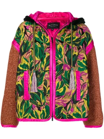Etro Floral Faux Fur-trim Patchwork Hooded Jacket In Green