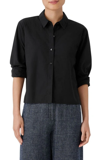 Eileen Fisher Classic Point Collar Organic Cotton Poplin Button-up Shirt In Black
