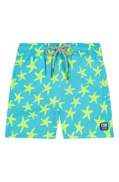 Tom & Teddy Kids' Starfish Print Swim Trunks In Sky/ Yellow