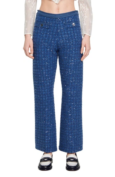 Sandro Palmira Metallic Tweed Trousers In Blue