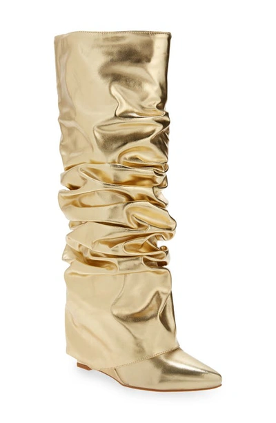 Azalea Wang Zumma Foldover Slouch Pointed Toe Wedge Boot In Gold