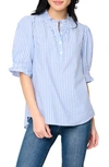 Gibsonlook Dianthus Puff Sleeve Henley Shirt In French Blue/ White Stripe