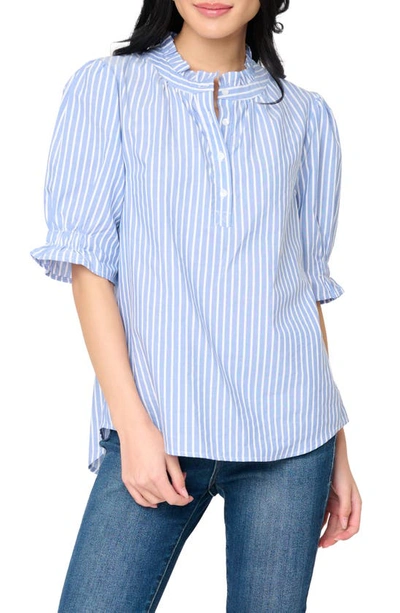 Gibsonlook Dianthus Puff Sleeve Henley Shirt In French Blue/ White Stripe
