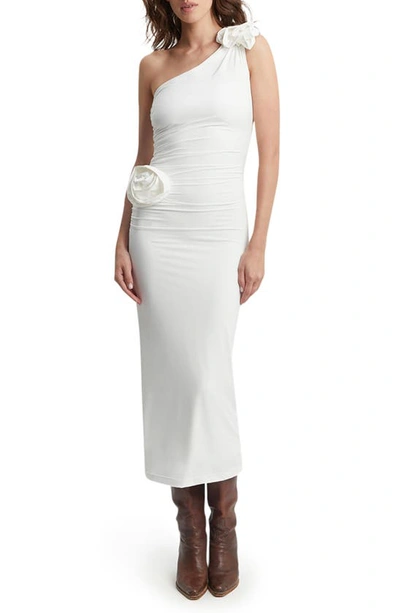 Bardot Lilita Rosette One-shoulder Stretch Jersey Midi Dress In White