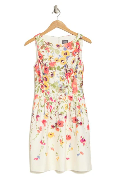 Vince Camuto Sleevless Floral Dress In White/ Coral Floral