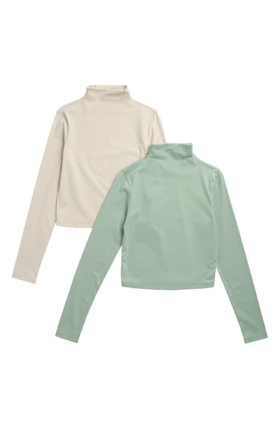 Yogalicious Zenly Evelyn Set Of 2 Funnel Neck Long Sleeve Crop Tops In Iceberg Green/ Nacreous Cloud