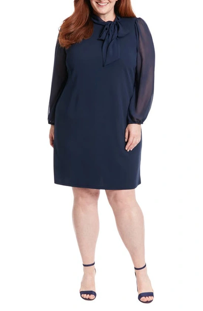 London Times Long Sleeve Chiffon Necktie Dress In Navy Blazer