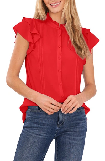 Cece Pintuck Ruffle Short Sleeve Blouse In Fireball Red