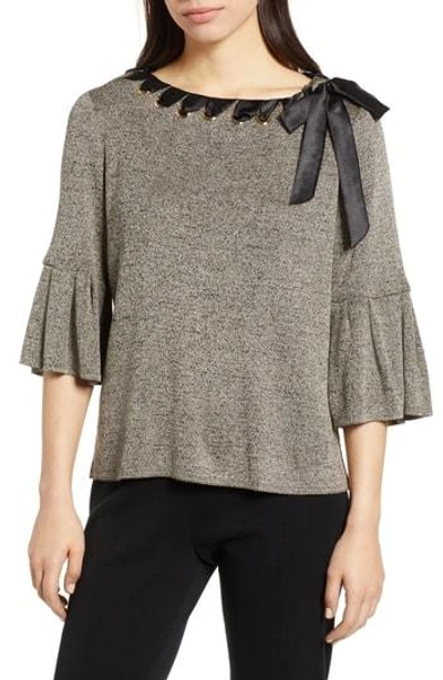 Ming Wang Ruffle Sleeve Ribbon Tie Shimmer Sweater In Black/ Cedar