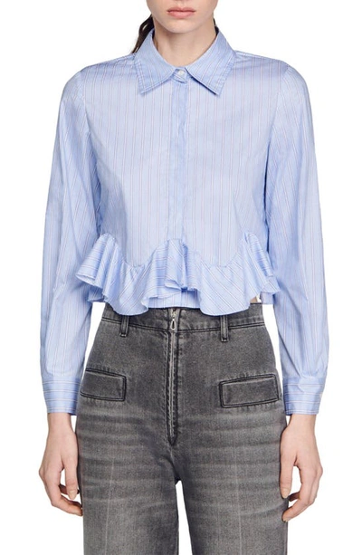 Sandro Estela Stripe Ruffle Trim Cotton Button-up Shirt In Sky Blue