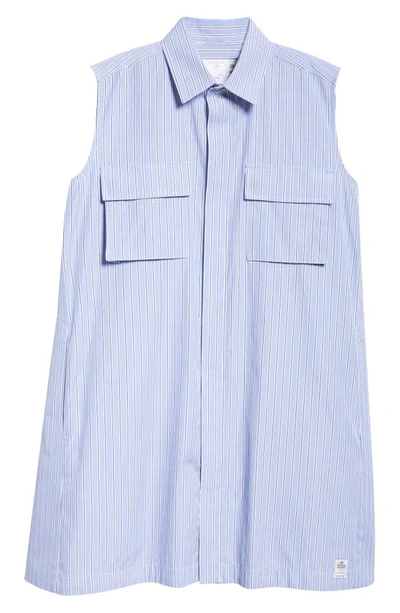 Sacai X Thomas Mason Stripe Sleeveless Mini Shirtdress In 458 L/blue Stripe