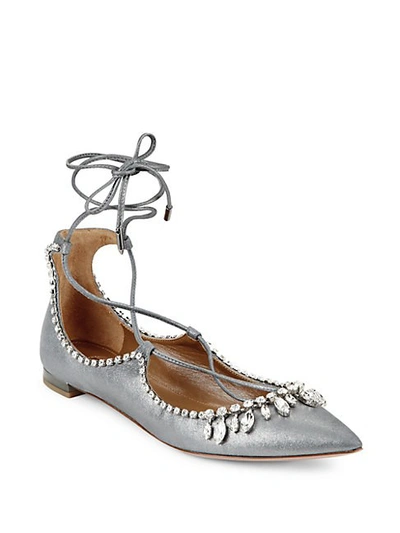 Aquazzura Christy Jewel Metallic Suede Lace-up Flats In Anthracite
