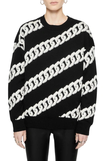 Rebecca Minkoff Mara Chain Link Stripe Merino Wool Sweater In True Black