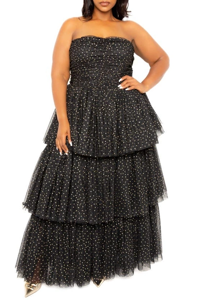 Buxom Couture Metallic Polka Dot Strapless Tiered Tulle Dress In Black