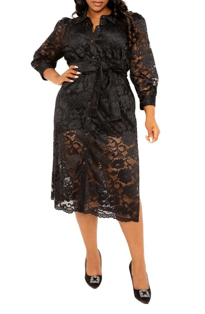 Buxom Couture Floral Tie Belt Lace Midi Shirtdress In Black