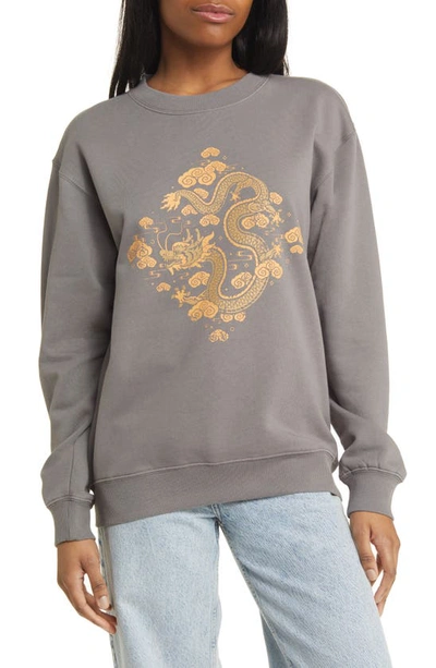 Golden Hour Dragon Diamond Cotton Blend Graphic Sweatshirt In Washed Charcoal