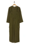 Max Studio Drawcord Waist Long Sleeve Cargo Jumpsuit In Olive