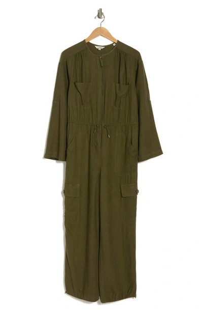Max Studio Drawcord Waist Long Sleeve Cargo Jumpsuit In Olive