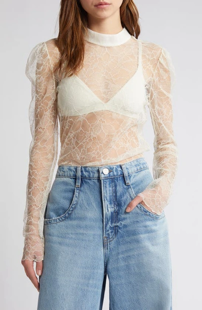 Frame Sheer Lace Mock Neck Top In Cream