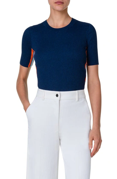 Akris Punto Side Stripe Short Sleeve Rib Sweater In Ink-multicolor