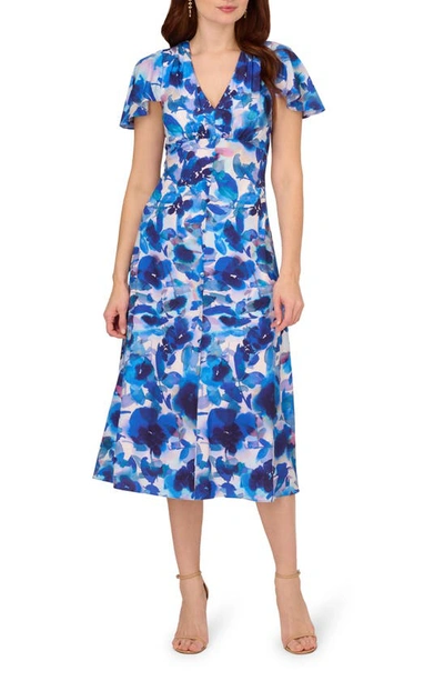 Adrianna Papell Floral Chiffon Midi Dress In Blue