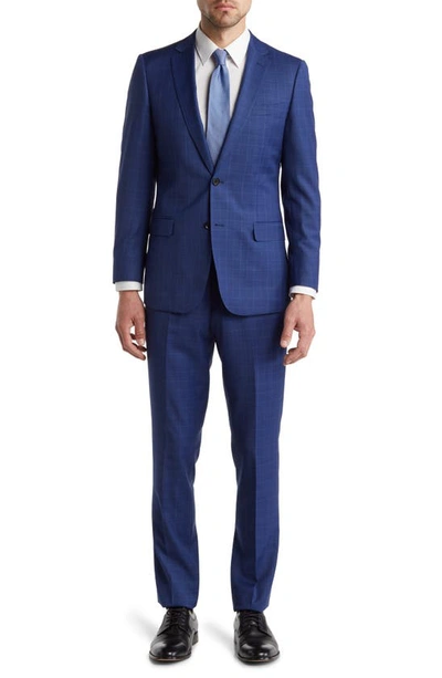 Cavalli Class Two Button Peak Lapel Slim Fit Suit In Blue Windowpane