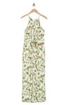 Adelyn Rae Tropical Print Halter Jumpsuit In Ivory/ Green