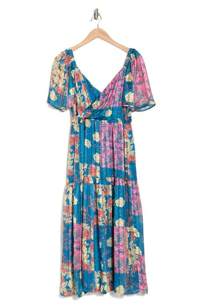 Adelyn Rae Floral Flutter Sleeve Pleated Midi Dress In Blue Patchwork
