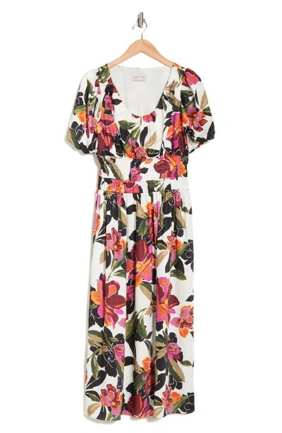 Adelyn Rae Lucia Floral Puff Sleeve Midi Dress In White Tropics