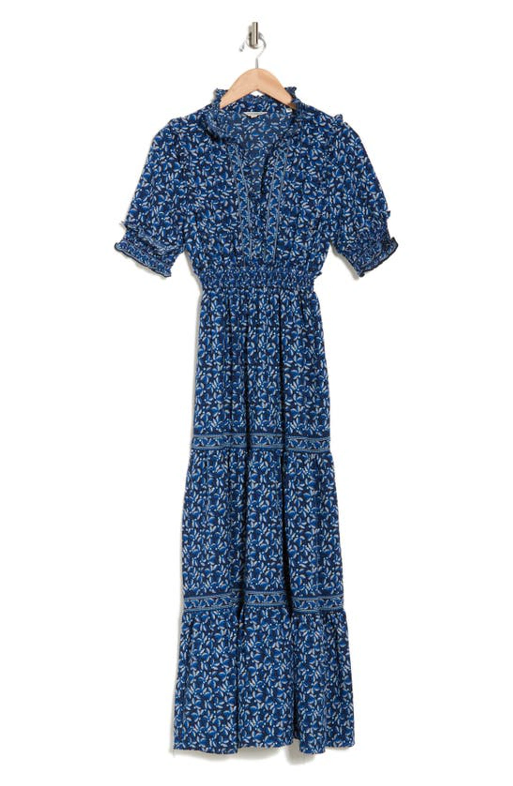 Max Studio Floral Short Sleeve Tiered Maxi Dress In Navy/ Cream | ModeSens