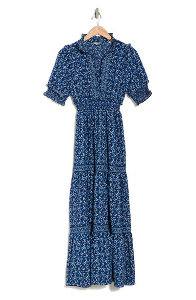 Max Studio Floral Short Sleeve Tiered Maxi Dress In Navy/ Cream