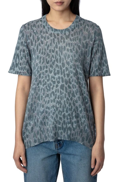 Zadig & Voltaire Ida Leopard Pattern Short Sleeve Cashmere Sweater In Nuage