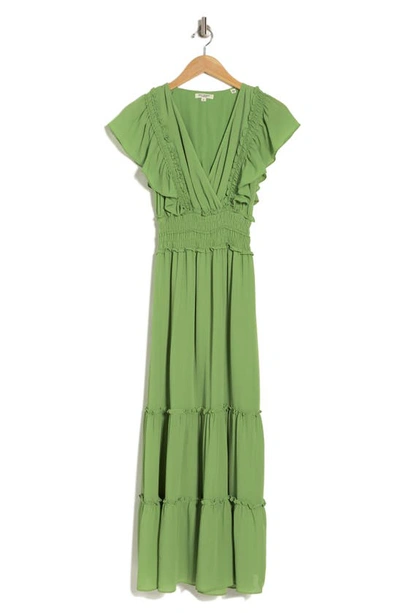 Max Studio Pebble Crepe Flutter Sleeve Maxi Dress In Green