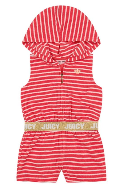Juicy Couture Kids' Loop Terry Hooded Romper In Red Multi