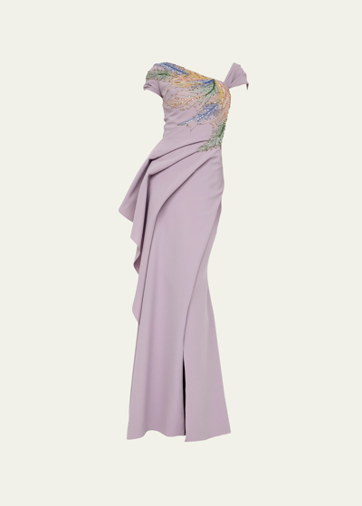 Atelier Prabal Gurung Natalie Beaded Draped Gown In Orchid
