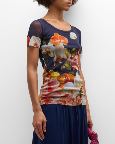 Fuzzi Scoop-neck Floral-print Tulle T-shirt In Royal Blue