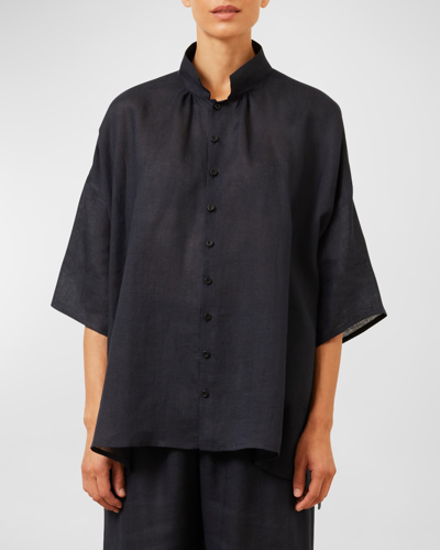 Eskandar Sloped-shoulder Wide A-line Pleated-collar Short-sleeve Shirt (long Length) In Black