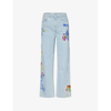 Kenzo Womens Blue Denim Sumire Drawn Flowers Floral-embroidered Wide-leg Mid-rise Jeans