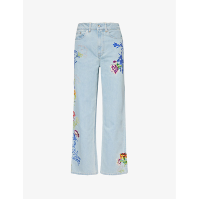 Kenzo Drawn Flowers Mid-rise Wide-leg Jeans In Stone_washed_blue