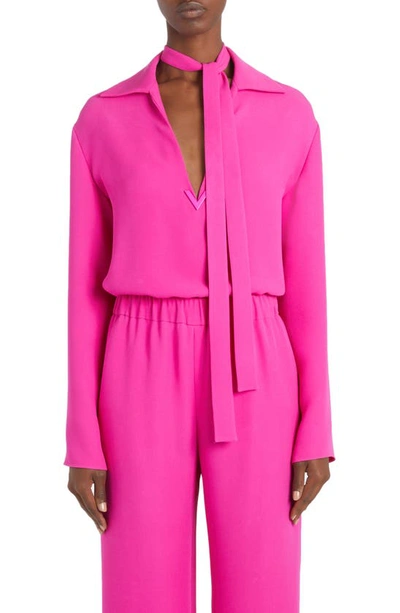 Valentino Tie Neck Silk Shirt In Pink Pp/ Pink Pp