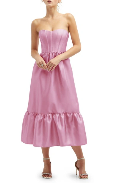 Dessy Collection Corset Ruffle Hem Strapless Satin Midi Dress In Pink