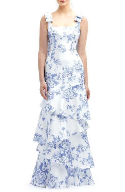 Dessy Collection Floral Print Ruffle Tie Strap Gown In Blue